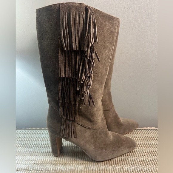 Vince Camuto Sterla Tuscan Taupe Fashion Fringe Mid Calf Block Heel Dress Boots - Picture 1 of 5